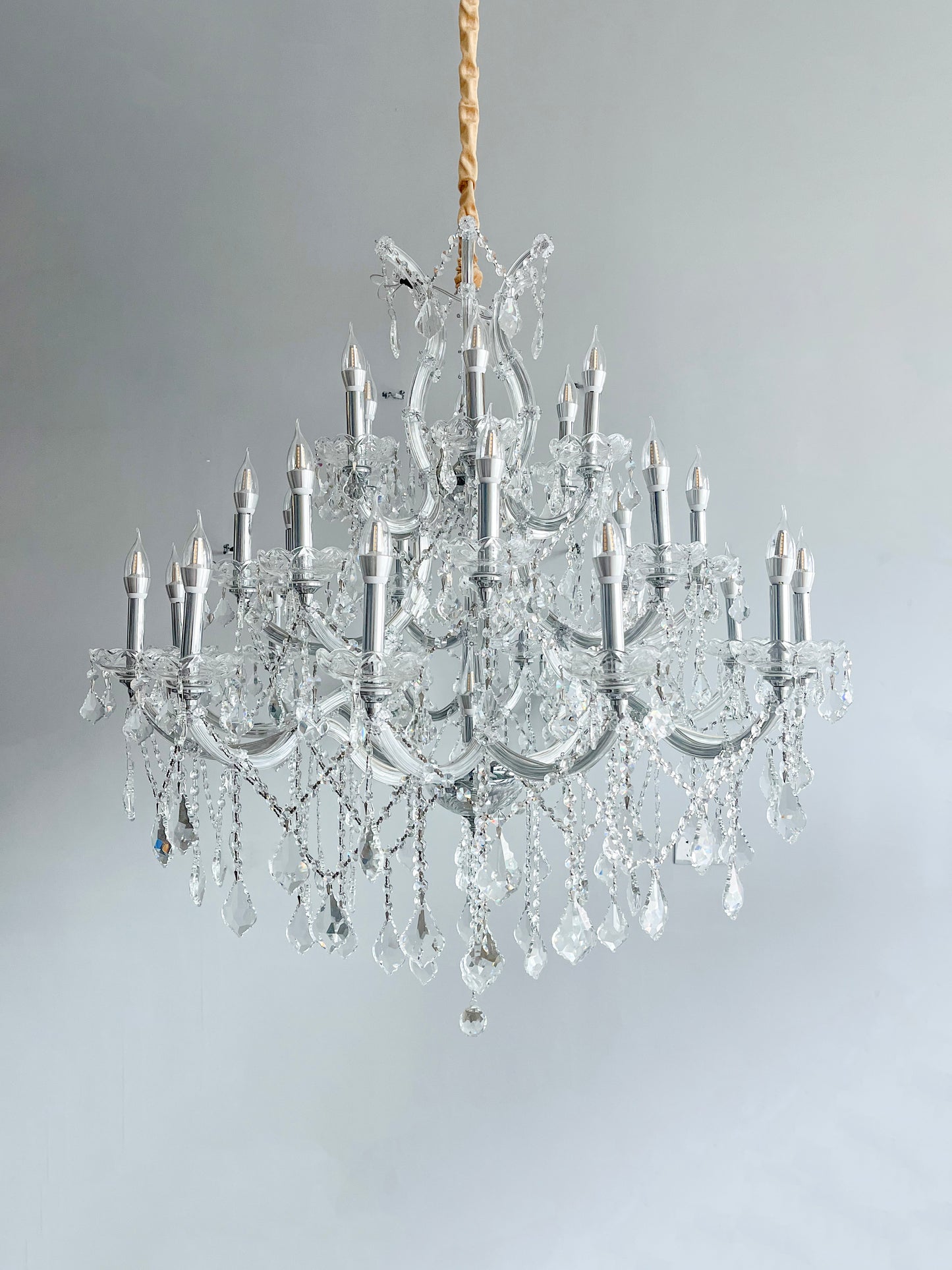 Maria Theresa 28-Light Chrome Finish and Clear Crystal Chandelier 38 in. Dia x 42 in. H Three 3 Tier Extra Large