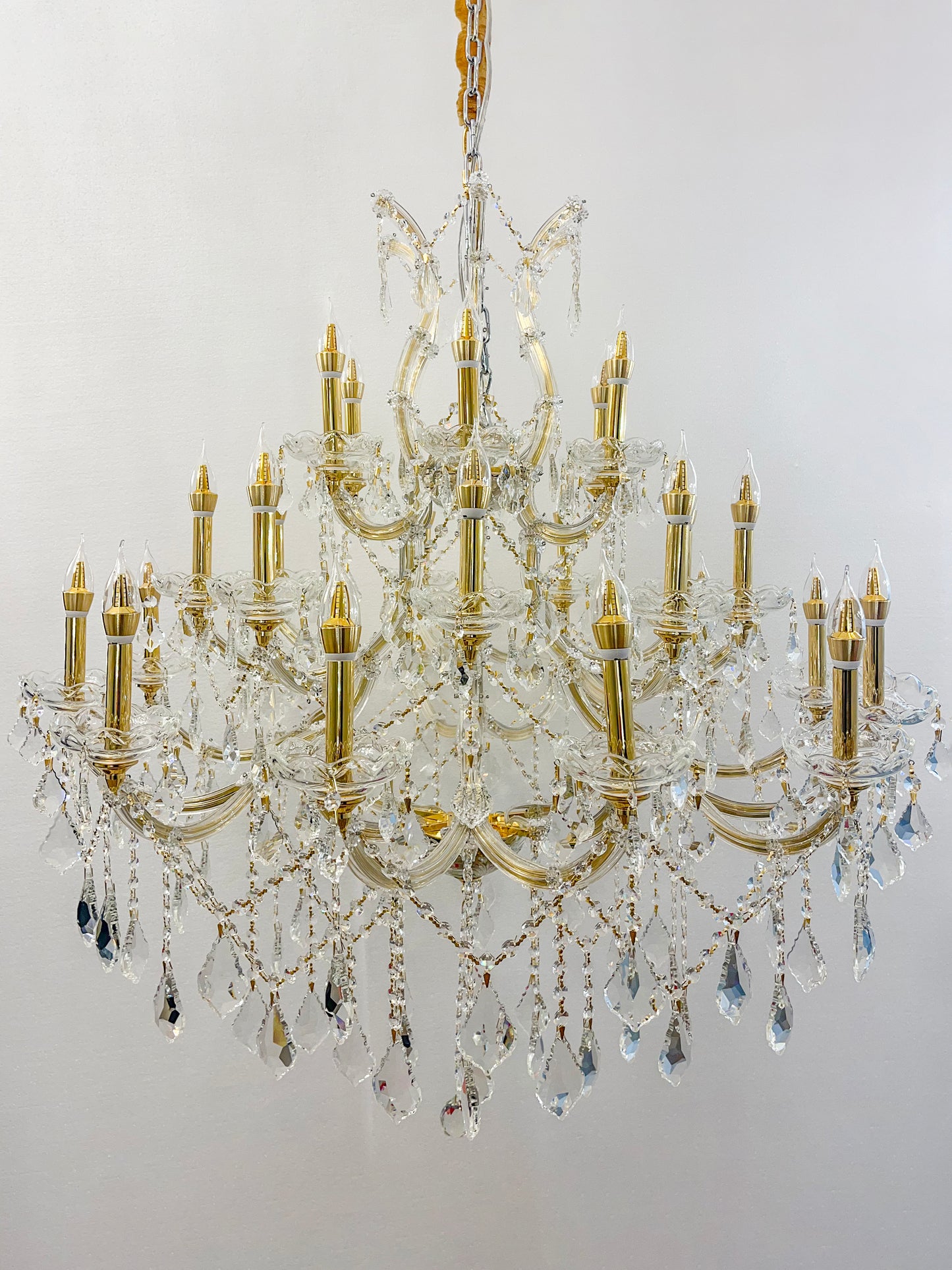 Maria Theresa 28-Light Chrome Finish and Clear Crystal Chandelier 38 in. Dia x 42 in. H Three 3 Tier Extra Large