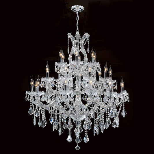 Maria Theresa 28-Light Chrome Finish and Clear Crystal Chandelier 38 in. Dia x 42 in. H Three 3 Tier Extra Large